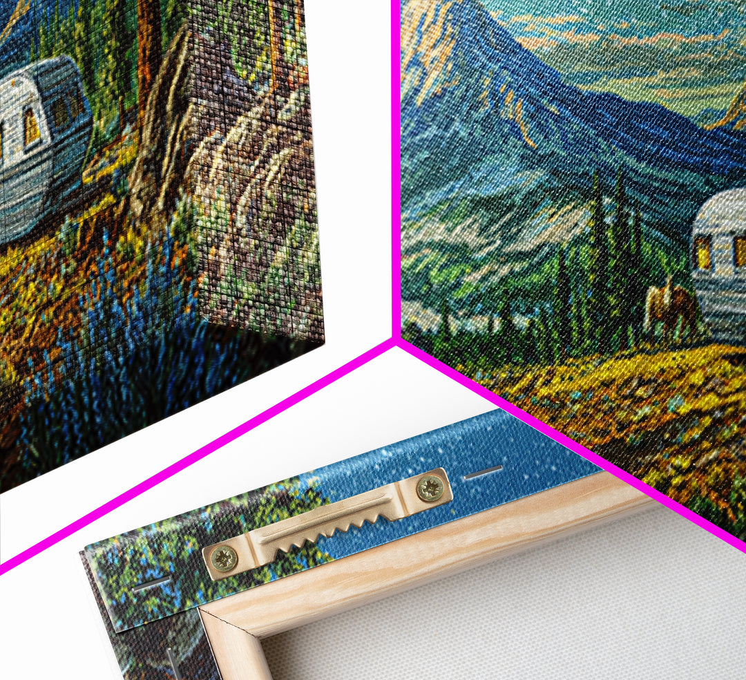 New Frontier Camper Mountain Canvas Print, Retro Travel Wall Art, Midcentury Modern Landscape Poster, Rustic Cabin Decor Gift