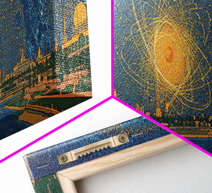 Golden Cosmic Skyline Wall Art, Midcentury Modern Abstract Print, Retro Space Age Poster, Blue Orange Living Room Home Decor