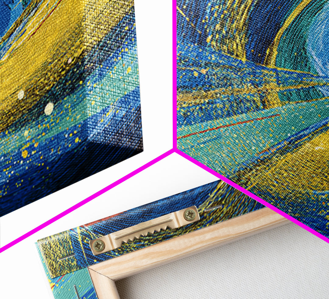 Blue Yellow Cosmic Vortex Abstract Wall Art, Modern Geometric Space Print, Midcentury Decor, Large Canvas Print, Living Room Decor