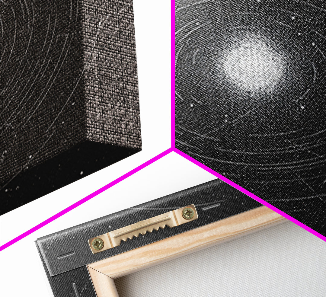 Black White Orbiting Galaxy Starfield Canvas Print, Modern Abstract Wall Art, Space Retro Geometric Poster, Cosmic Home Decor