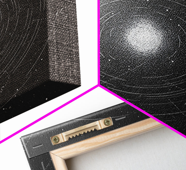 Black White Orbiting Galaxy Starfield Canvas Print, Modern Abstract Wall Art, Space Retro Geometric Poster, Cosmic Home Decor