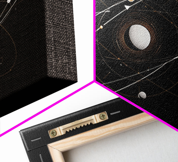 Gold Atomic Orbit Diagram Wall Art, Midcentury Modern Space Abstract Art, Geometric Black Home Wall Decor, MCM Canvas Print