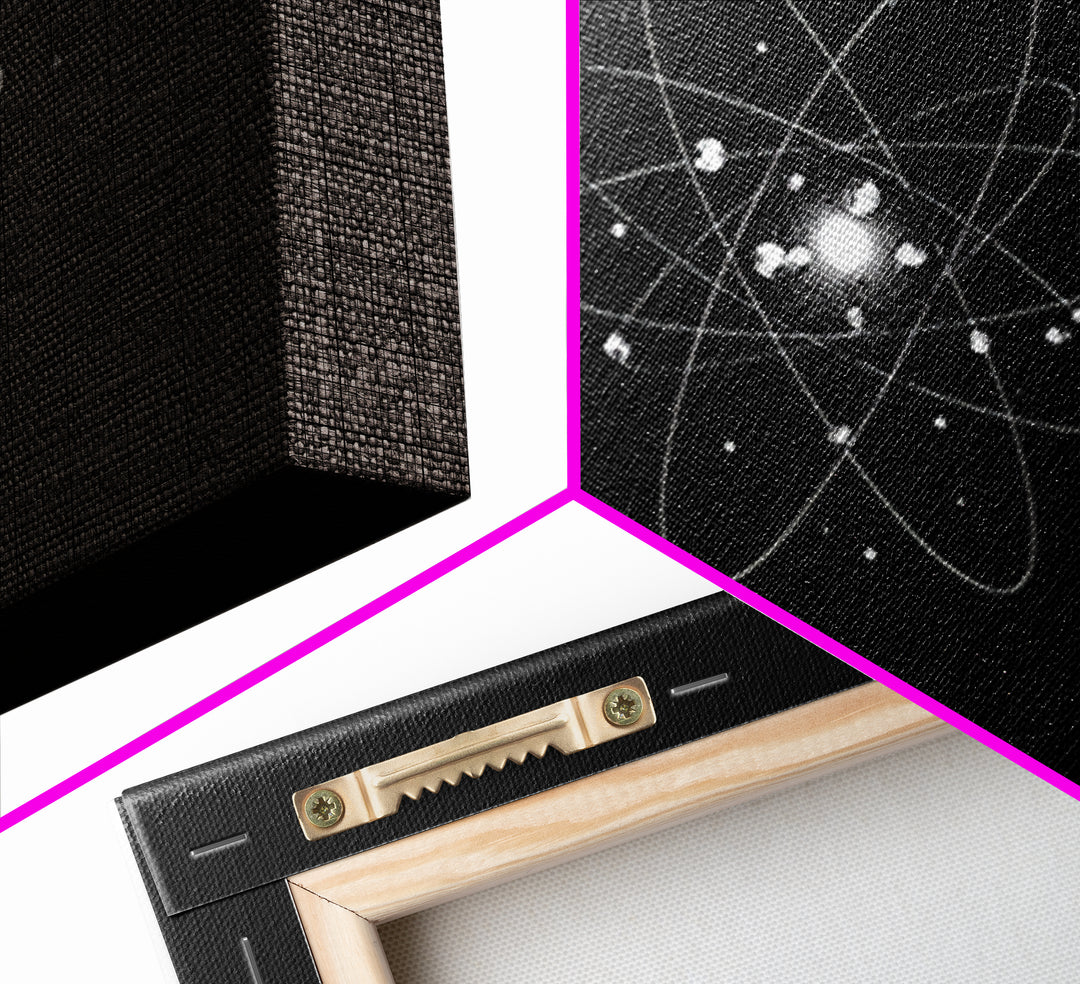 Bright Atomic Nucleus Orbit Wall Art, Black And White Modern Art Print, Geometric Space Decor Poster, Midcentury Canvas Print