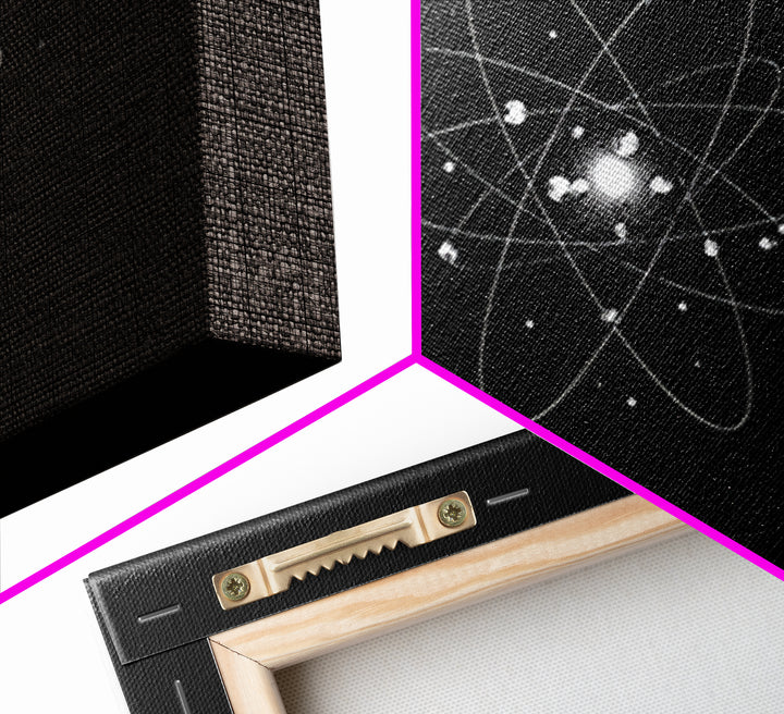 Bright Atomic Nucleus Orbit Wall Art, Black And White Modern Art Print, Geometric Space Decor Poster, Midcentury Canvas Print