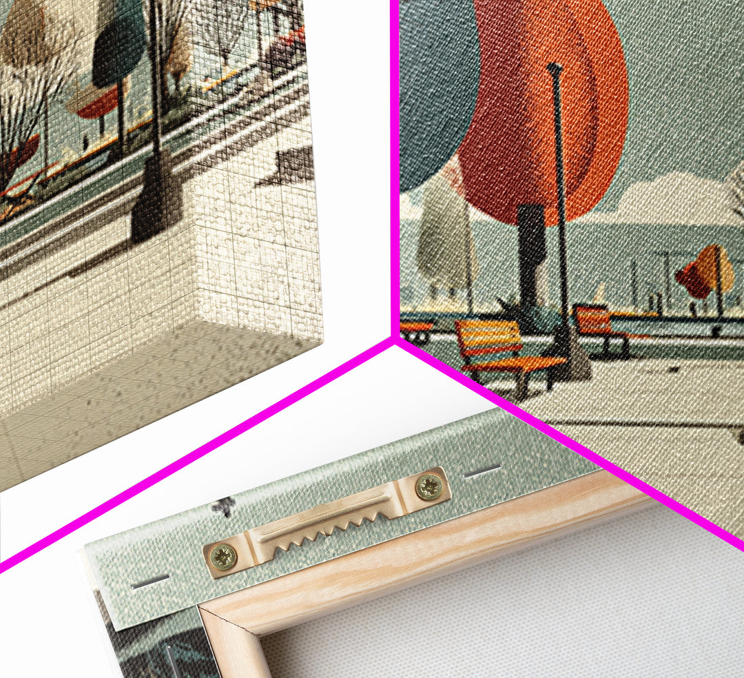 Autumn Lakeside Park Wall Art, Midcentury Modern Print, Scenic City Landscape Poster, Retro Bench Living Room Decor, Office Wall Decor