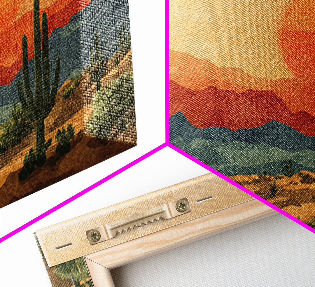 Textured Desert Mountains Wall Art, Orange Sunset Cactus Print, Midcentury Modern Landscape, Southwestern Living Room Decor