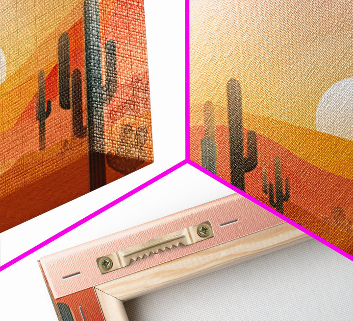 Golden Saguaro Desert Sunset Canvas Print, Midcentury Modern Wall Art, Warm Orange Southwestern Poster, Boho Home Decor, MCM Decor