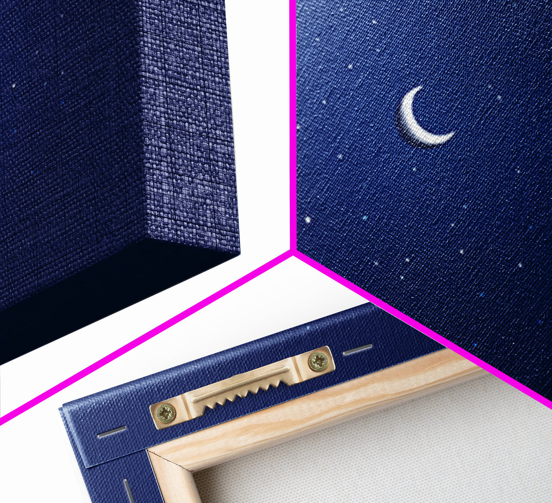 Minimal Crescent Moon Stars Wall Art, Deep Blue Night Sky Print, Modern Celestial Poster, Nursery Bedroom Wall Decor, Kids Room Decor