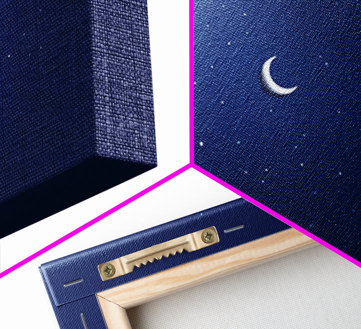 Minimal Crescent Moon Stars Wall Art, Deep Blue Night Sky Print, Modern Celestial Poster, Nursery Bedroom Wall Decor, Kids Room Decor