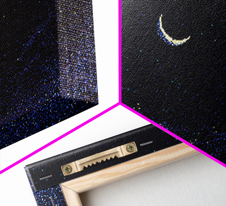 Crescent Moon Starry Night Wall Art, Pixel Sky Landscape, Blue Celestial Poster, Retro Modern Decor, Bedroom Print Gift Idea