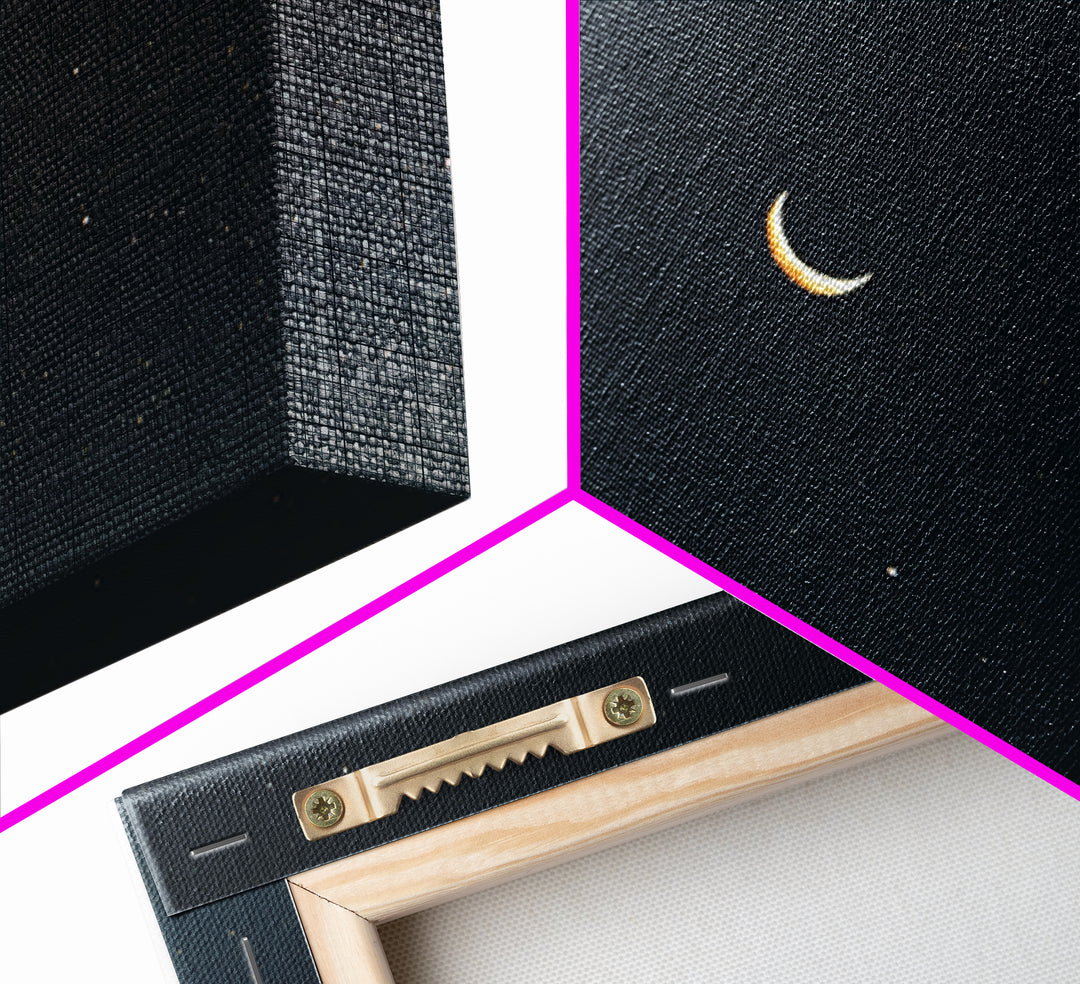 Minimal Crescent Moon Canvas Print, Teal Starry Sky, Celestial Night Landscape, Modern Wall Decor, Bedroom Poster Gift Idea