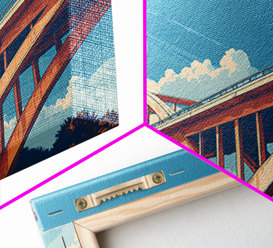 Sunlit Arch Bridge Framed Canvas Print, Modern Architecture Wall Art, Blue Sky Cloudscape, Travel Poster, Office Decor Gift Idea