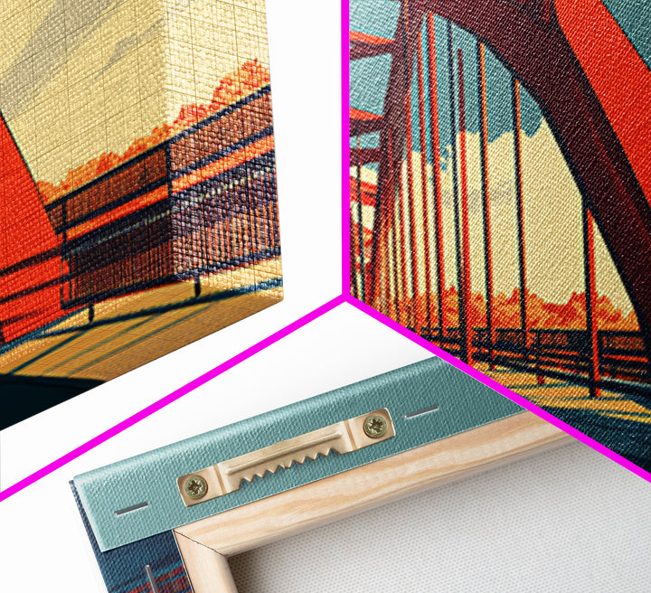 Red Steel Arch Bridge Canvas Print, Sunset Architecture Wall Art, Midcentury Modern Poster, Office Decor, Travel Print Gift