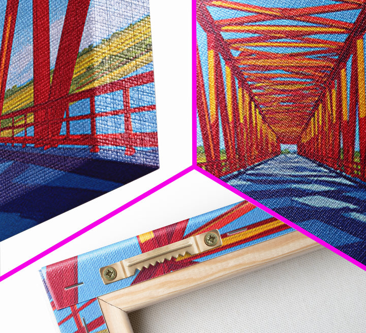 Red Truss Bridge Perspective Wall Art, Geometric Architecture Canvas Print, Bold Modern Decor, Office Poster, Travel Gift