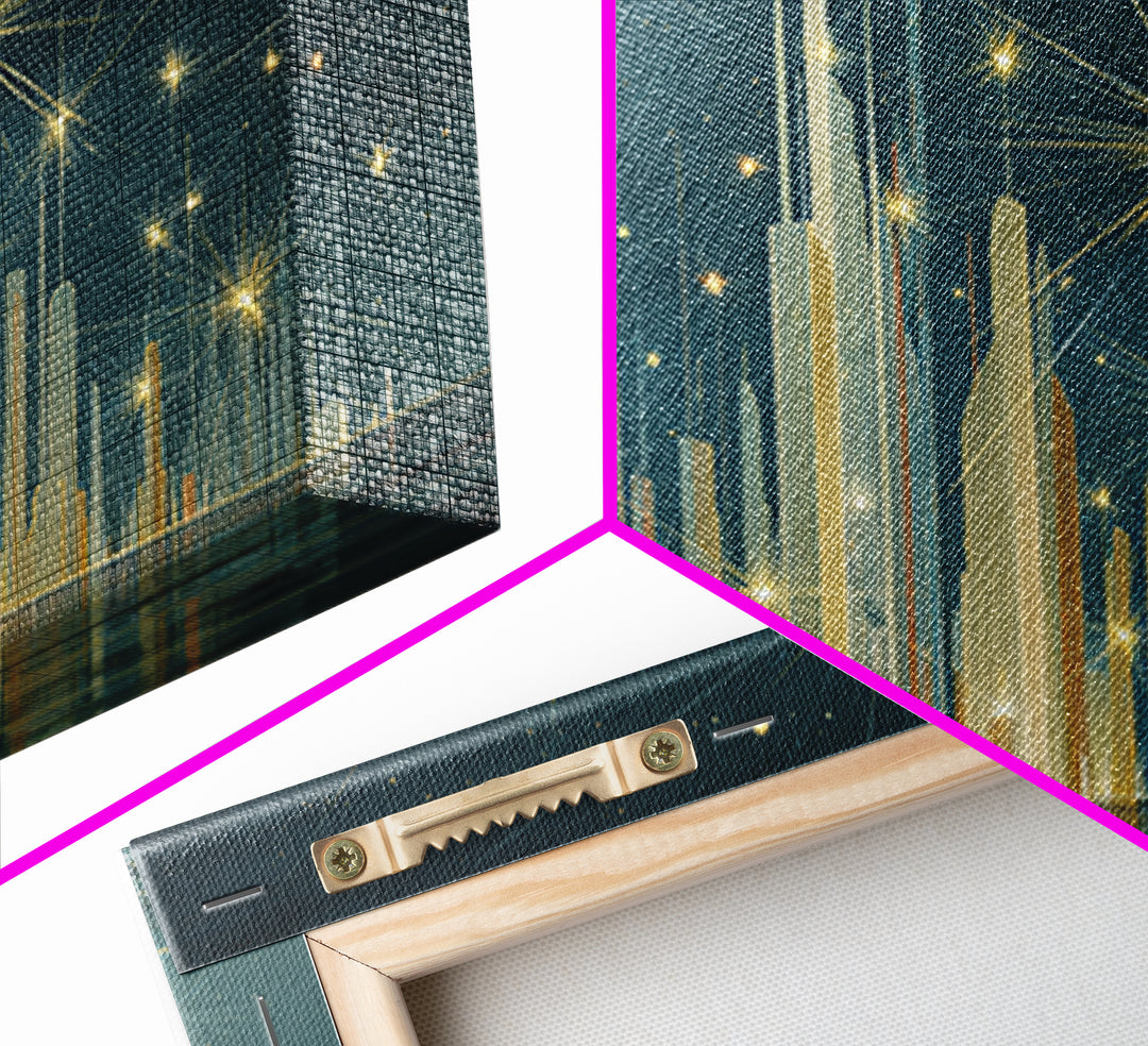 Golden Art Deco Skyline Wall Art, Firework Starburst Cityscape Canvas Print, Teal Modern Decor, Living Room Poster Gift