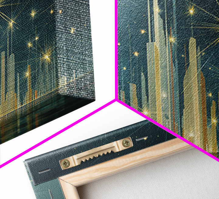 Golden Art Deco Skyline Wall Art, Firework Starburst Cityscape Canvas Print, Teal Modern Decor, Living Room Poster Gift