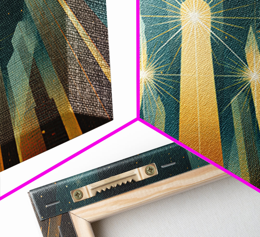 Radiant Art Deco Skyscrapers Canvas Print, Golden Starburst City Wall Art, Modern Retro Poster, Office Decor Gift Idea Print