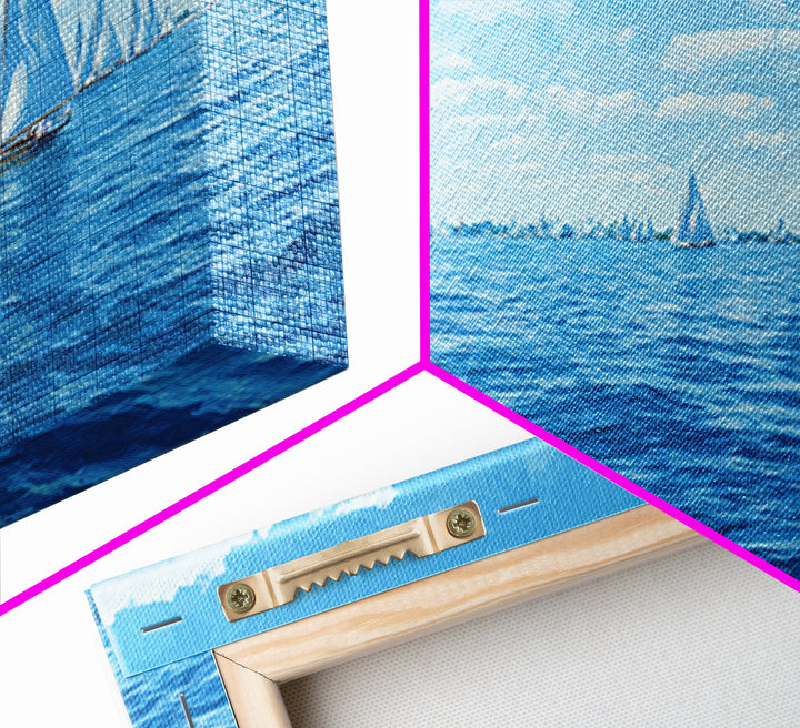 Blue Sailboats On Sparkling Summer Sea Wall Art, Coastal Modern Art Print, Nautical Decor, Beach House Living Room Poster