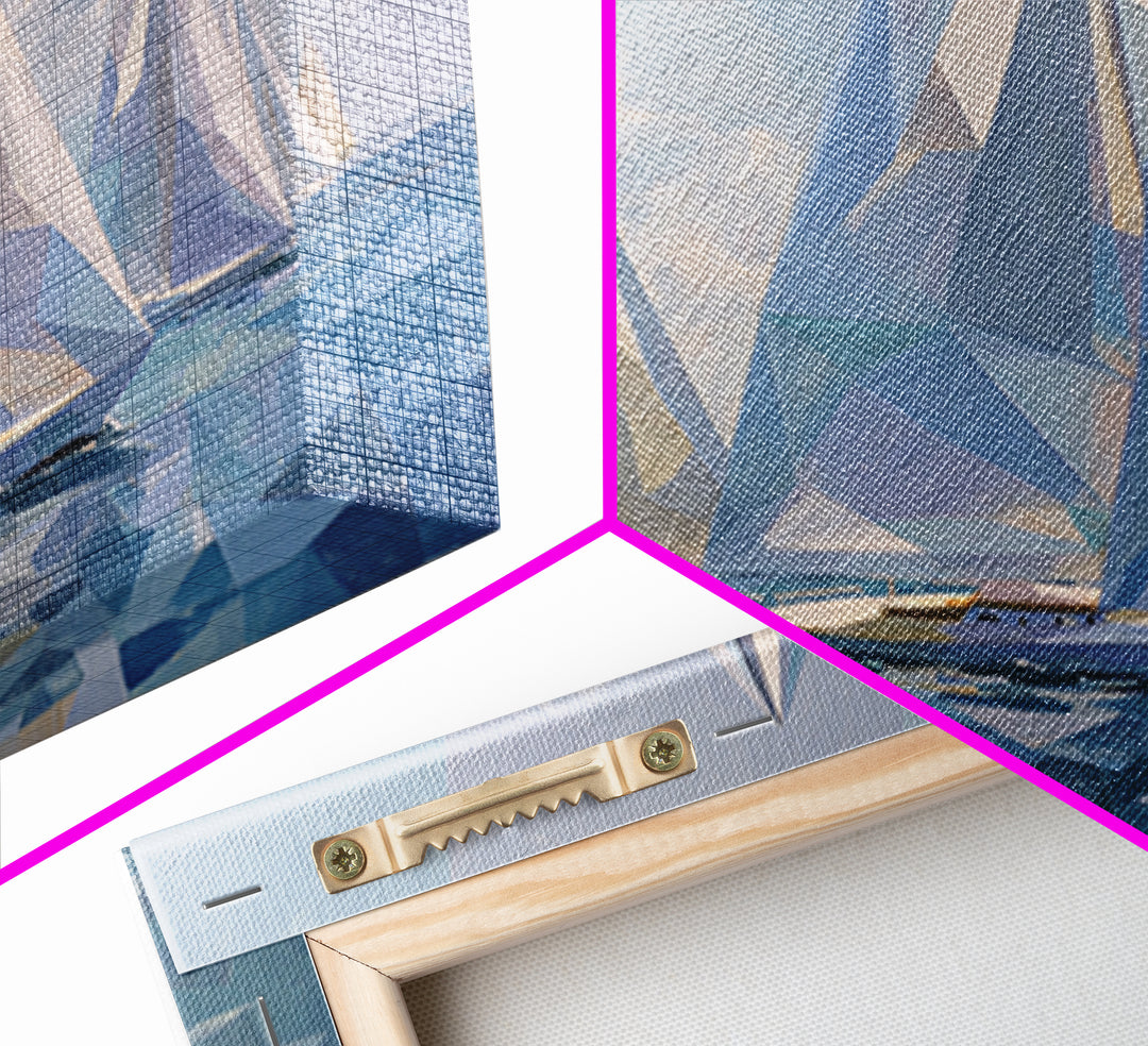 Crystal White Sailboats On Abstract Sea Framed Canvas Print, Modern Coastal Wall Art, Geometric Nautical Living Room Decor