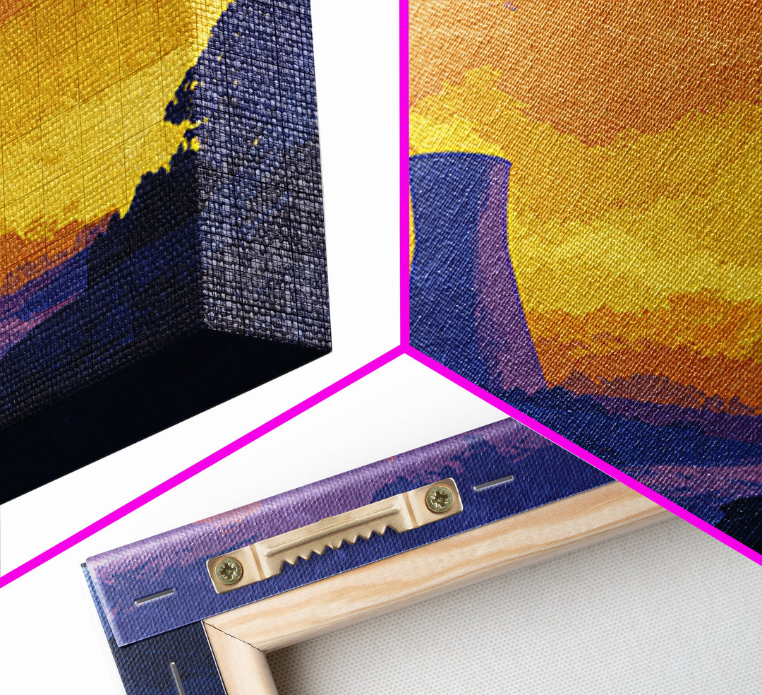 Purple Cooling Towers At Golden Sunset Wall Art, Retro Industrial Landscape Poster, Modern Wall Decor, Home Office Art Print