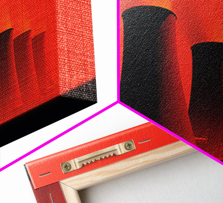 Red Nuclear Cooling Tower Silhouettes Canvas Print, Midcentury Modern Art, Retro Wall Art, Bold Orange Modern Home Decor