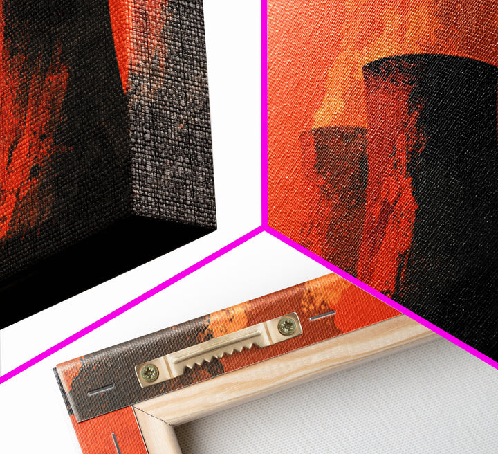 Smoky Cooling Towers In Orange Haze Framed Canvas Print, Midcentury Modern Art, Retro Wall Art, Moody Industrial Home Decor