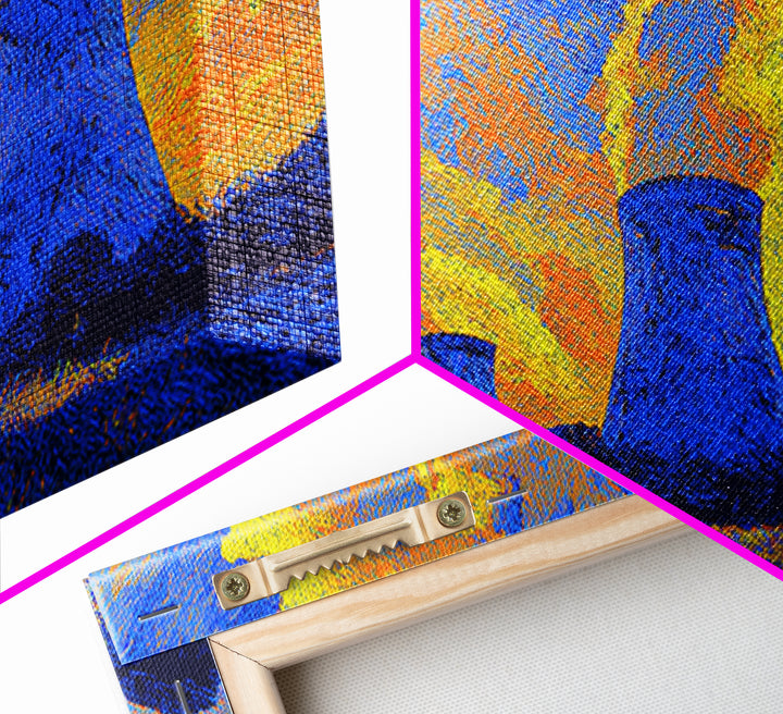 Blue Nuclear Cooling Towers Under Yellow Sky Wall Art, Bright Abstract Art, Midcentury Modern Poster, Colorful Modern Decor
