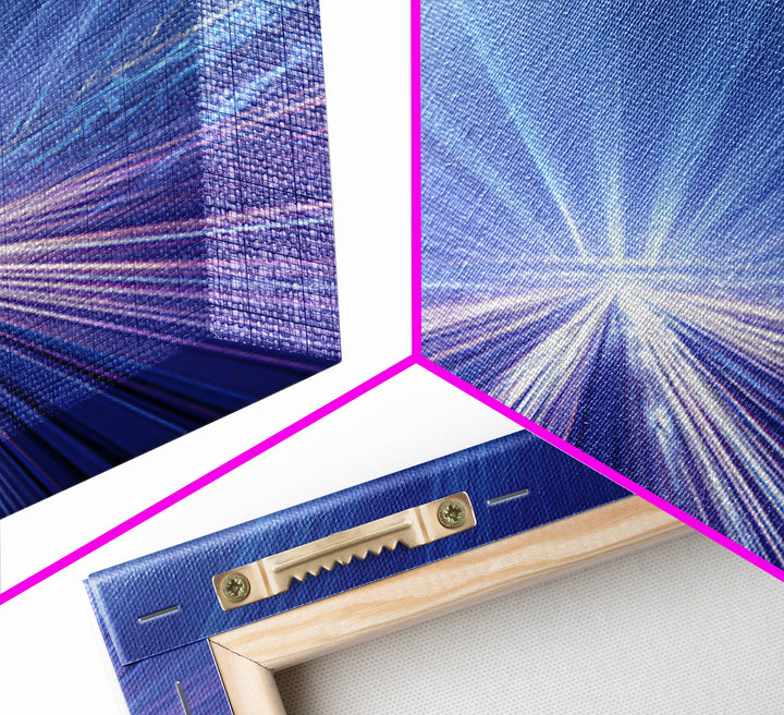 Electric Blue Light Trail Framed Canvas Print, Modern Abstract Art, Futuristic Highway Wall Decor, Sci Fi Office Poster Print