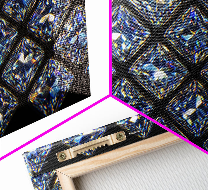 Blue Square Diamond Grid Canvas Print, Sparkling Geometric Wall Art, Modern Glam Decor, Black Luxury Poster, Gift For Her