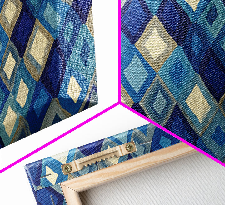 Blue Diamond Textile Pattern Wall Art, Geometric Modern Decor, Scandinavian Canvas Print, Coastal Abstract Poster For Home