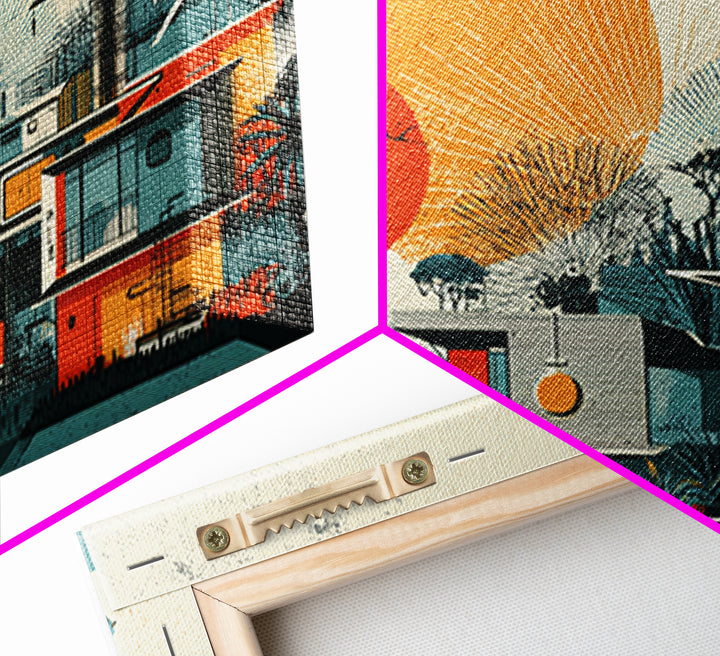 Orange Sun Modernist House And Birds Wall Art, Mid Century Modern Canvas Print, Atomic Desert Architecture Decor Poster Print