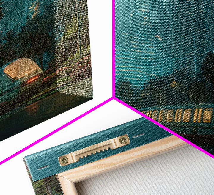 Neon Palm Monorail Futuristic Night City Wall Art, Retro Sci Fi Skyline, Teal Urban Decor, Modern Digital Art Print, For Living Room