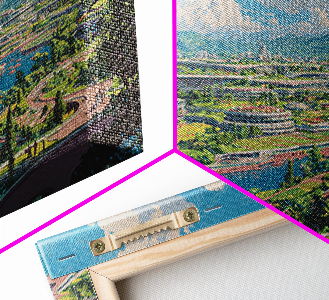 Sunny Retro Future Garden City Canvas Print, Utopian River Skyline, Mountain Landscape, Midcentury Modern Wall Decor Print