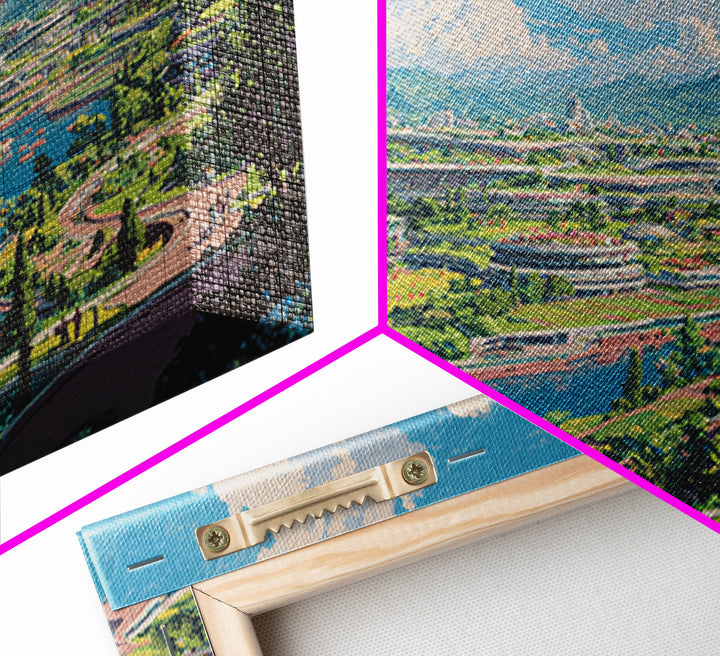 Sunny Retro Future Garden City Canvas Print, Utopian River Skyline, Mountain Landscape, Midcentury Modern Wall Decor Print