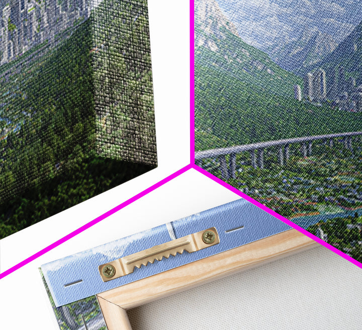 Silver Alpine Megacity And Elevated Rail Wall Art, Futuristic Mountain Landscape, Modern Sci Fi Cityscape Home Decor Print