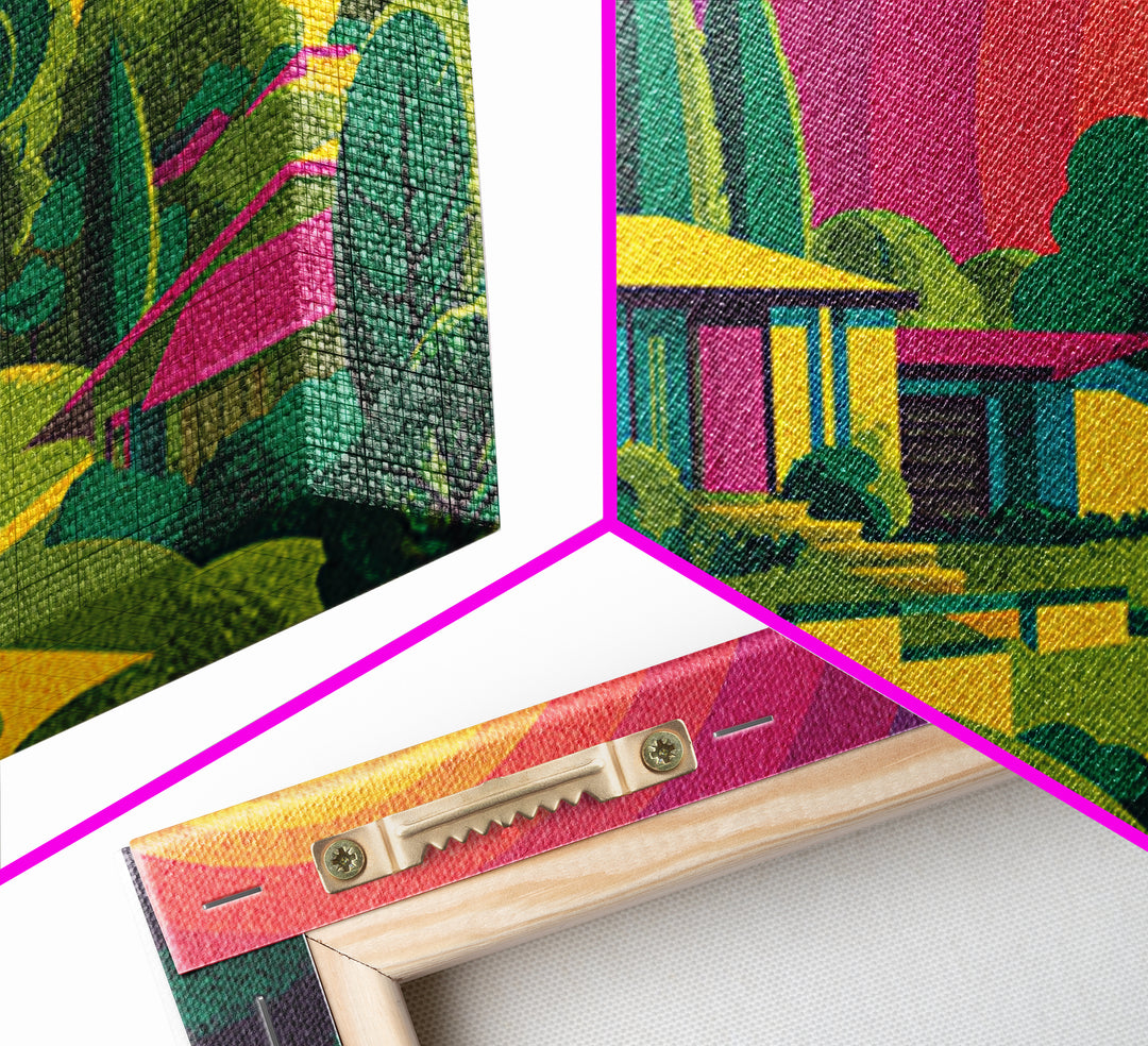 Colorful Midcentury Hillside Home Sunset Wall Art, Retro Palm Springs Decor, MCM Architecture Print, Groovy 70s Art Poster