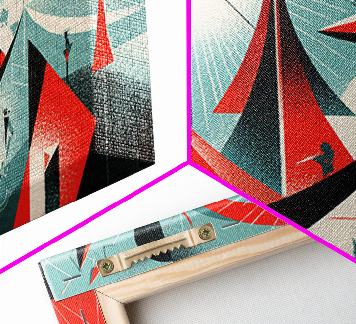 Red Atomic Sailboats And Cosmic Figures Canvas Print, Midcentury Abstract Wall Art, Bauhaus Geometric Retro Poster Decor