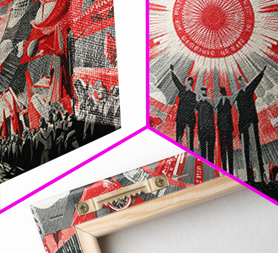 Red Futurist Rally With Rockets And Crowd Wall Art, Soviet Style Space Poster, Retro Sci Fi Propaganda Canvas Print Decor