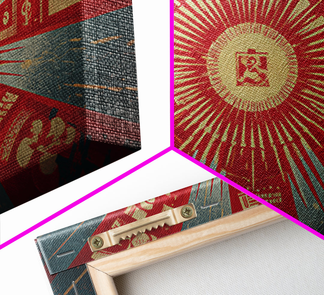 Radial Soviet Science Panels And Red Star Wall Art, Retro Futurist Propaganda Poster, Modern Geometric Canvas Print Decor