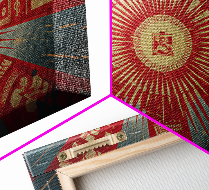 Radial Soviet Science Panels And Red Star Wall Art, Retro Futurist Propaganda Poster, Modern Geometric Canvas Print Decor