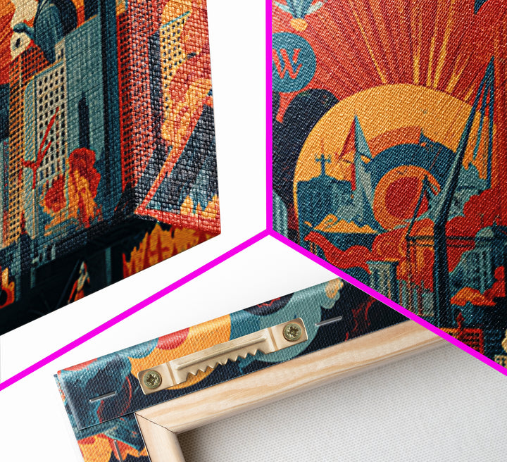 Heroic Retro Futurist Industrial City Wall Art, Midcentury Modern Poster, Bold Orange Teal Sci Fi Canvas Print Office Decor