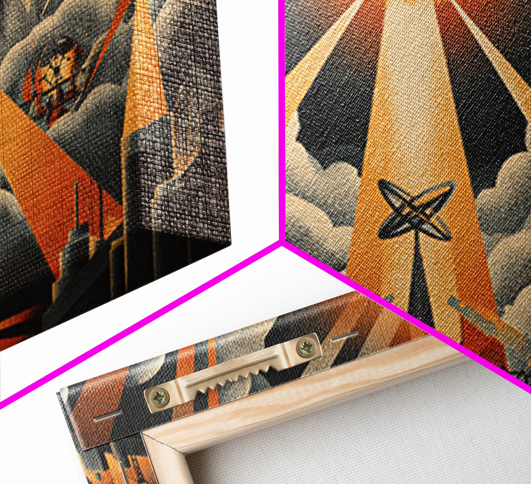 UFO Beam Over City Canvas Print, Retro Sci Fi Poster, Atomic Space Wall Art, Midcentury Modern MCM Decor, Orange Rays Print