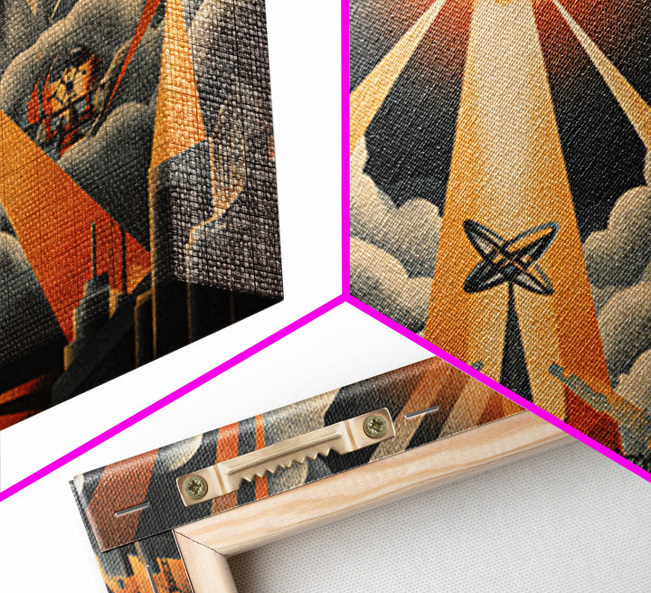 UFO Beam Over City Canvas Print, Retro Sci Fi Poster, Atomic Space Wall Art, Midcentury Modern MCM Decor, Orange Rays Print