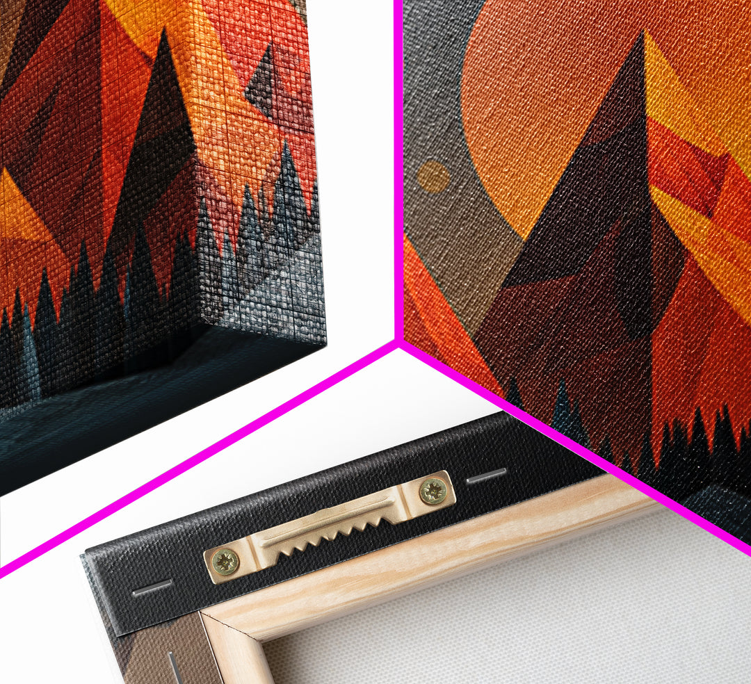 Orange Planet Pyramid Mountains Framed Canvas Print, Retro Futuristic Wall Art, Geometric Sci Fi Poster, MCM Home Decor Print