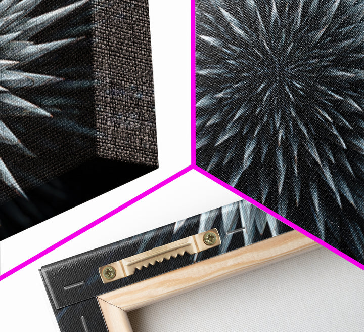 Metallic Crystal Starburst Framed Canvas Print, Modern Abstract Art, Geometric Wall Decor, Black Blue Statement Art Poster