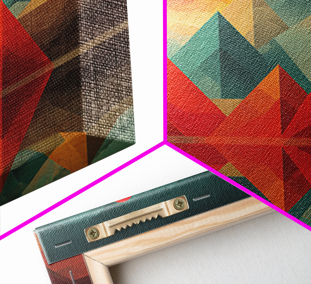Geometric Red Pyramid Mountains Reflection Wall Art, Midcentury Modern Abstract Landscape, Retro MCM Decor, Canvas Print