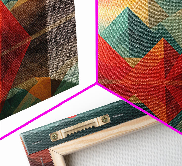 Geometric Red Pyramid Mountains Reflection Wall Art, Midcentury Modern Abstract Landscape, Retro MCM Decor, Canvas Print