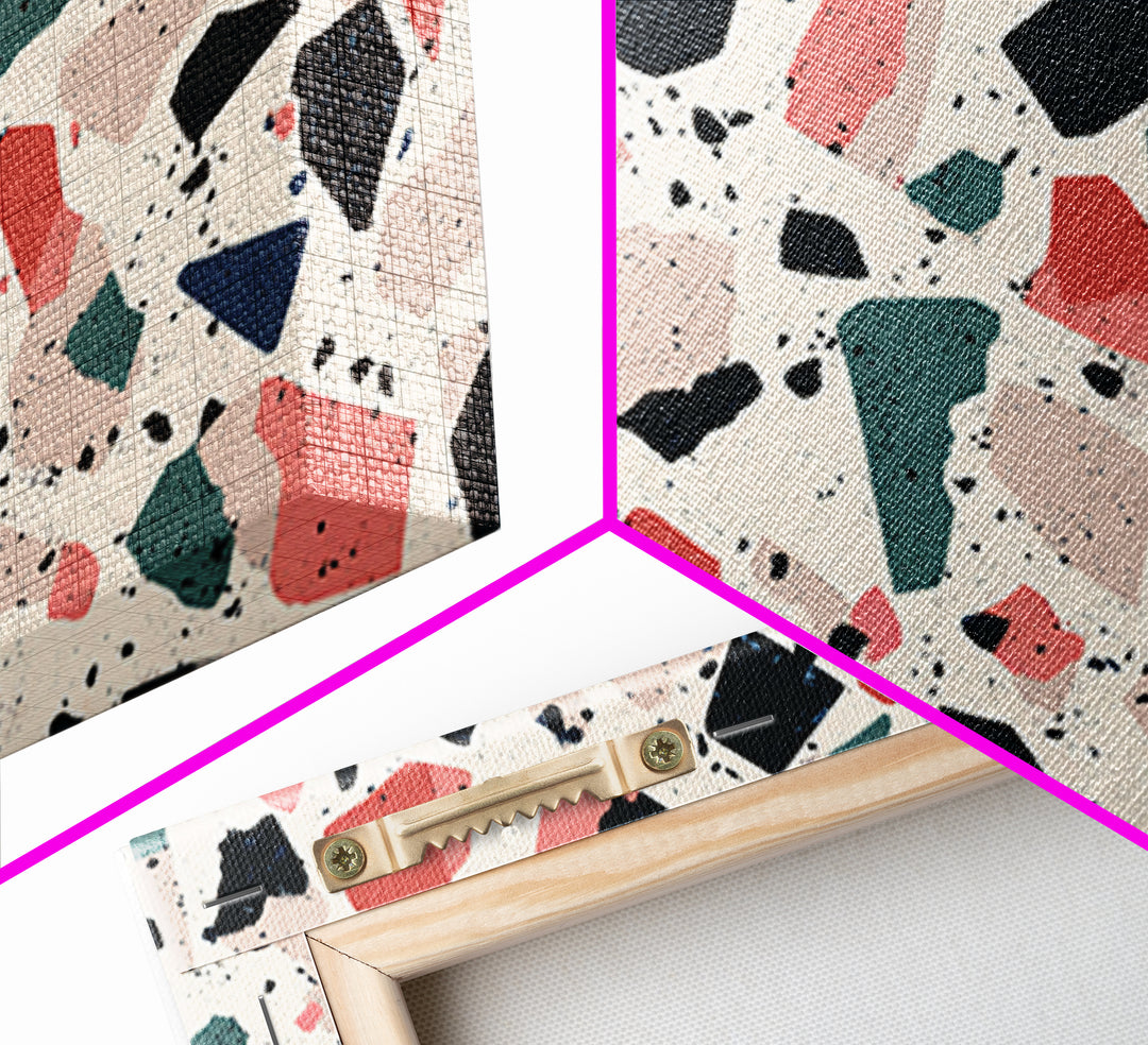 Coral Teal Terrazzo Abstract Wall Art, Midcentury Modern Art Print, Retro Geometric Pattern Home Decor, Framed Canvas Print