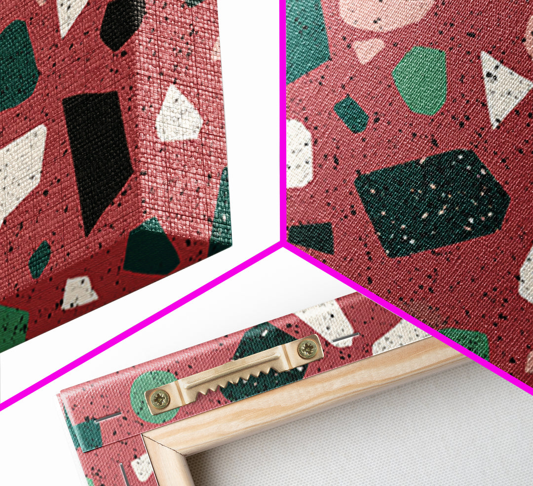 Rose Green Terrazzo Abstract Wall Art, Midcentury Modern Print, MCM Retro Geometric Pattern Home Decor, Framed Canvas Print