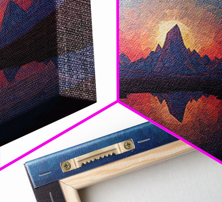 Low Poly Alpine Mountain Sunset Wall Art, Blue Lake Reflection Landscape, Modern Geometric Print, Scenic Home Office Decor